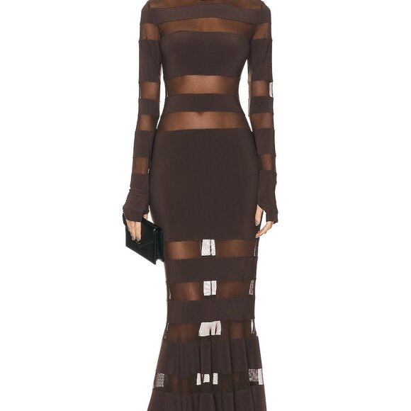 NEW NWT Norma Kamali Spliced Dress Fishtail Gown in Chocolate & Chocolate Mesh - Picture 5 of 10